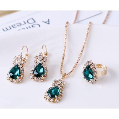 3 Pc/set Colour Crystal Pendant Necklace/Earring/Ring Charm Women AAA Zircon Gold Color Jewelry Elegant Lady Wedding Accessories