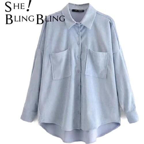 SheBlingBling Casual Women Blouses 2021 Spring Autumn Office Lady Loose Shirts Drop Shoulder Long Sleeve Corduroy High Low Tops