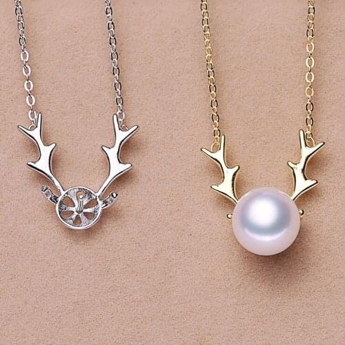 Christmas Deer 925 Sterling Silver Pearl Necklace Chain Pendant Mountings Necklace Findings Jewelry Parts Fittings Accessories
