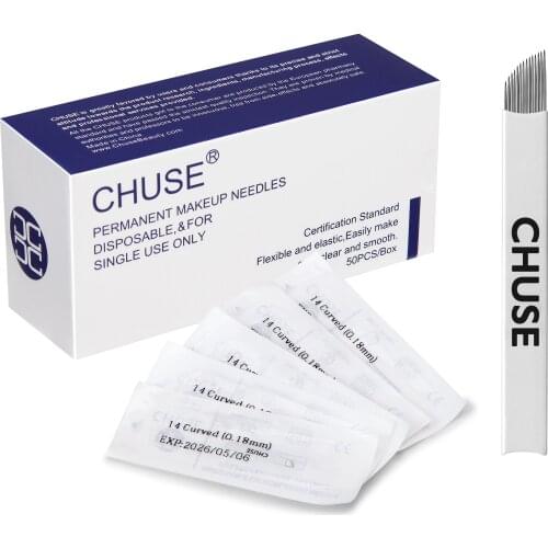 CHUSE Eyebrow Microblading Manual Blades Tattoo Permanent Makeup Needles 0.18mm 14-Pin Bevel 50Pcs
