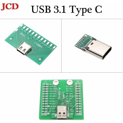 JCD USB 3.1 Type C Connector 24 Pins Female Socket receptacle adapter to solder wire & cable 24P PCB Board support Test Board