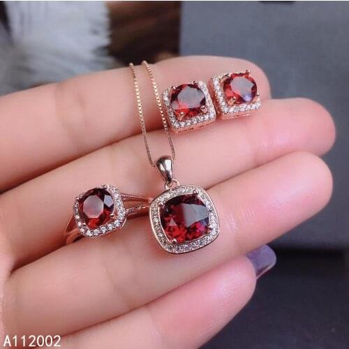 KJJEAXCMY fine jewelry natural garnet 925 sterling silver women pendant necklace ring earrings set support test luxury trendy