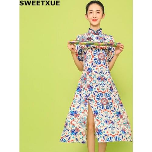 SWEETXUE Improved Cheongsam Summer Dignified Atmosphere Fashion Girl Dress Modern Short-Sleeved Printed Slits Elegant Long Dress