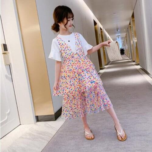 Cultiseed Girls Summer Flare Sleeve T-Shirts+Color Polka Dot Mesh Layered Dresses 2pc Sets Big Children Kids Cute Casual Gowns