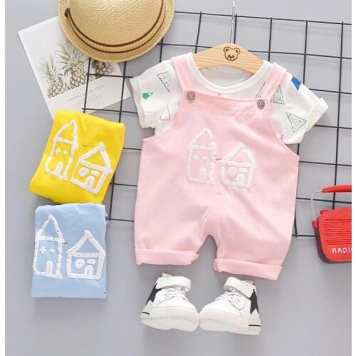 Summer Baby Girls Boys Clothes Infant Color T Shirt Kids Cartoon House Pattern Bib Pants 2pcs/sets Children Casual Sport Suits