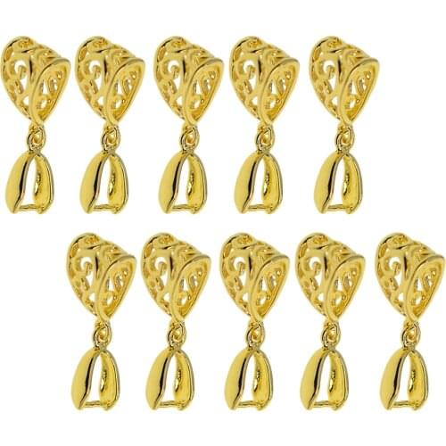 Copper Pinch Clip Bail Bead Pendant Connector with Filigree Flower Jewelry Findings, Gold Tone, 26 x 9 x 7 mm, Pack of 10 Sets