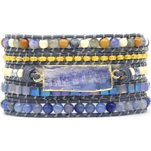 Natural Stone Leather Bracelet Exquisite Mix Stones Women Fashion 5 Layers Wrap Bracelet Dropshipping