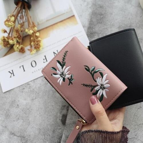 2021 New Fashion Flower Embroidery Womens Short Wallets Zipper Mini Coin Purse Ladies Small Wallet Card Change Portable Clutch