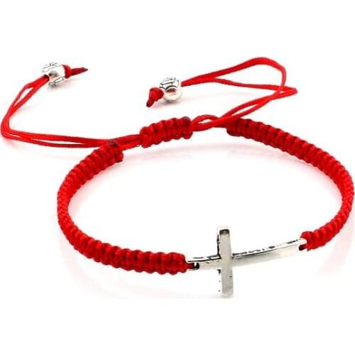 10Pcs Zinc Alloy Tone Cross Adjustable Red Cord Wrist Bracelet Hand-Woven Bracelets C-55