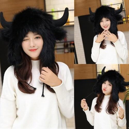 2019 Winter Super Warm Lovely Cartoon Antler Hat Adult Fur Bomber Hat Man / Women Unisex Deer Head Ox Horn Hat Furry