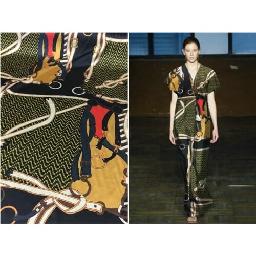 New silk fabric saddle belt chain geometric printing brand 140cm wide stretch heavy silk satin dress suit shirt fabric