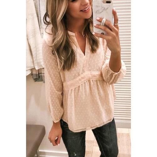 V Neck Dotted Baby-doll Long Sleeve Top Women Autumn Spring Romantic Chiffon Flowery Baby-Doll Top Plus Size S-2XL