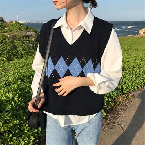 Vintage Geometric Argyle V Neck Sleeveless Pullover Knitted Elasticity sweater vest Loose Female Snowflake Casual Knitted Vest