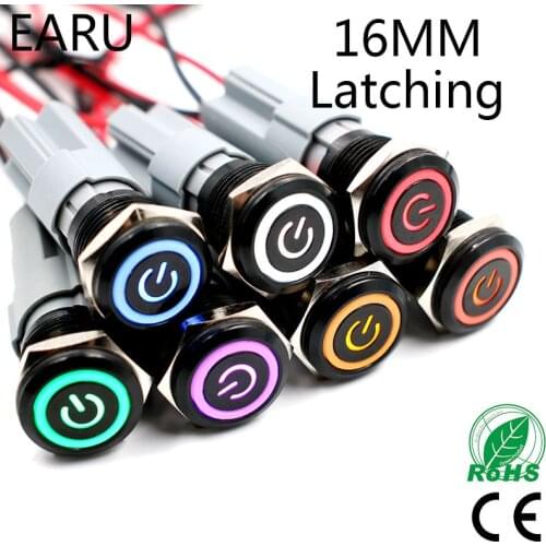 16mm Alumina Black Body Waterproof Press Power Metal Push Button Switch LED Light 3V 5V 12V 24V 220V Fixation Latching Self-Lock