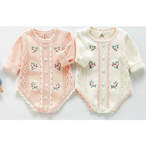 Toddler Baby Girl Knitting Romper Floral Embroidery Spring Autumn Baby Girls Clothes Infant Baby Girls Knitting Jumpsuit