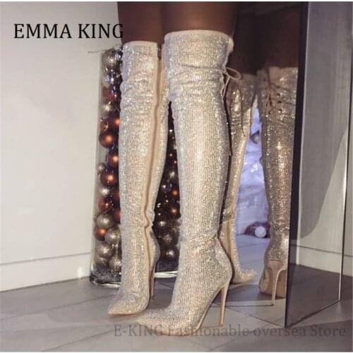 Bling Bling Crystal Women Long Boots Pointed Toe Rhinestone Stilettos Pumps Shining Over Knee Boots Thin High Heels Dress Shoes