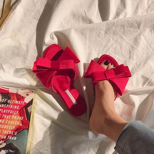 Women silksl flat slippers womens shoes Korean version of the summer new large bow satin peep-toe half slippers big size 33-43
