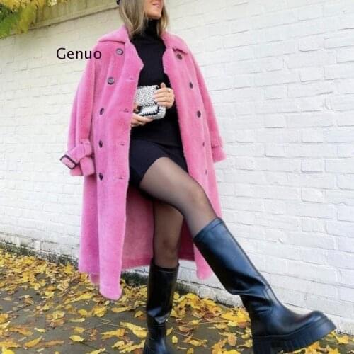 Long Woolen Jacket Fake Sheep Fur Coat Turn Down Collar Womens Coats Faux Sheepskin Female 2020 Winter New Outfit with Belt