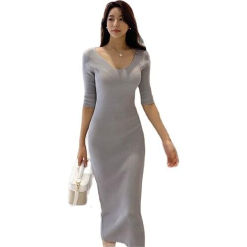 Sweater knit long maxi Dress one piece Long Sleeve v-neck warm causal party office Midi Dresses for women