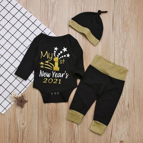 2021 My 1st New Year Sets Newborn Kids Baby Girls Boys New Year Sets Clothes 3PCS Romper+pants+hat Set Ropa Recien Nacido Niña