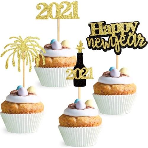 2021 Happy New Year Bronzing Snowflake Cupcake Toppers Christmas Hat Cake Insert Birthday Party Decor Cake Accessories Supplies
