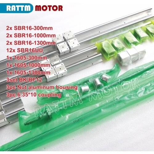 6PCS linear rail SBR16 L-300/1000/1300mm & 3set Ballscrew SFU RM1605-300/1000/1300mm + Nut & 3set BK/B12 & Coupling CNC Kit