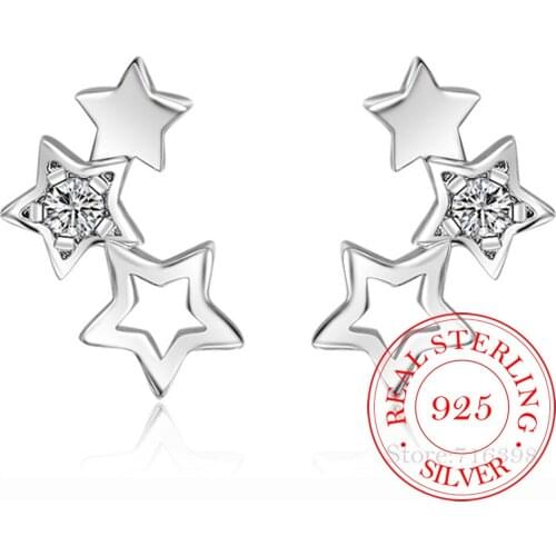 925 Sterling Silver Crystal Hollow Star Stud Earrings For Women Kids Wedding Gift Female pendientes