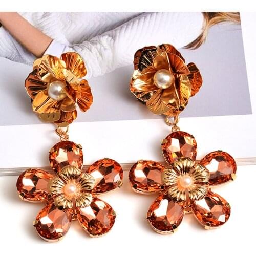 Bohemia Elegant Rhinestone Drop Earrings Sweet Korean Pink Flower Earring Party Wedding Fashion Accessories Bijoux