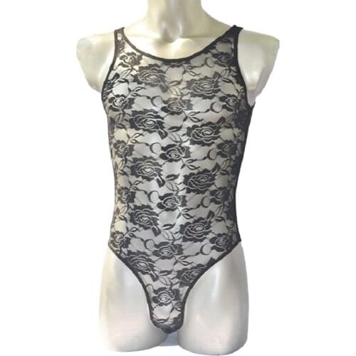 Brand Sexy mens underwear translucent rose gauze lace man bodysuit briefs panties ZJH0873L