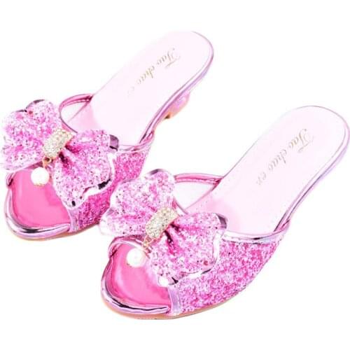 Bowtie Children Slides Girls Shoes Princess Kids Summer High Heels Fashion Shoe Daughters Birthday Gift 27-37 Sizes Elder Kid