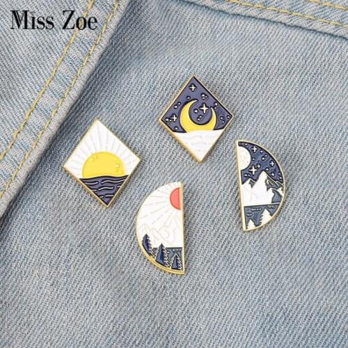Sun and Moon Landscape Enamel Pins Couples Bag Brooch Lapel Badge Cartoon Jewelry Gift for Kids Friends