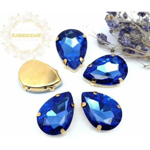 Best-selling Light Sapphire Water drop shape Crystal Glass Sew-on Rhinestones with gold Claw DIY wedding Dresses and Clothes