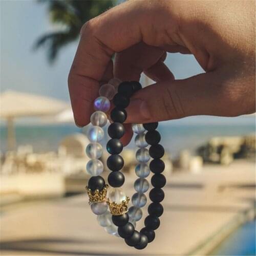 Momiji 2pcs/set 10 Styles Couples Crown Bracelet Natural Stone Beaded Bracelet for Men Women Friend Gift Charm Strand Jewelry