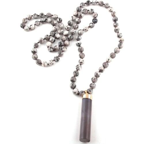 MOODPC Fashion Bohemian Tribal Jewelry Aqua / Gray Stones Long Knotted Stone Cylinder Pendant Necklaces Women Necklace