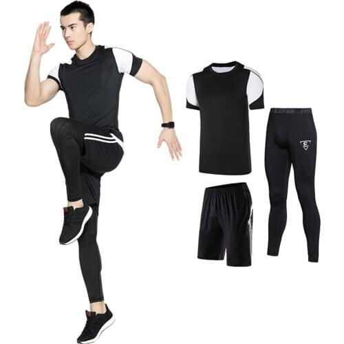 New 2/3 Piece Set Sportswear Short Sleeve Quick-Drying Compression Tights Basketball Running Fitness Athletic Wear For Men Black