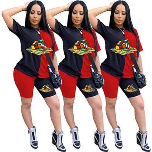 Spring And Summer New Black And Red Double Print Womens Shorts Suit, Womens Casual Sports Home Sports Style Suit
