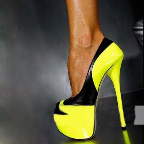 Sexy Bright Fluorescent Yellow High Platform Pumps Shiny Leather Peep toe Slip on Woman Super High Heels Pumps Ball Dress Shoes