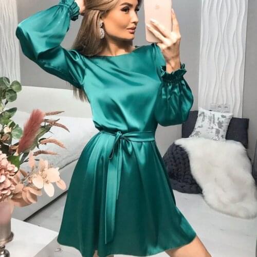 Bright Satin Soft Autumn Dress 2021 Fashion Women Long Lantern Sleeve Bandage Slim Casual Dresses Purple Green Solid Vestidos