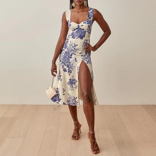 Floral Print Dress Women Summer Sleeveless Wide Strap Sexy Side Slit Chiffon Midi Dress 2021 Sweetheart Neck Elegant Party Dress