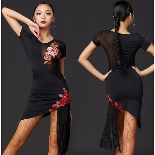 Latin Dance Competition Dresses Embroidery Sexy Mesh Short Sleeve Gatsby Dress Salsa Woman Ballroom Salsa Practice Wear DWY4109