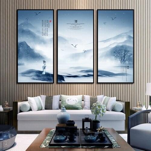 Three-piece Chinese Ink Landscape Poster Mountain Lake Landscape Canvas Painting Modern Home Decor Wall Art Picture Frameless