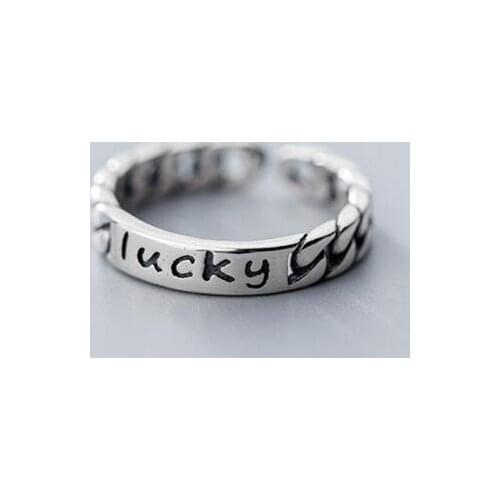 4mm 100% Authentic REAL.925 Sterling Silver Rectangle Bar engraved "Lucky" Open Chain band Rings adjust GTLJ1549