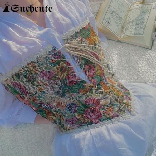 SUCHCUTE Vintage Floral Printed Aesthetic Corset Top For Women Retro Lace Trim Crop Tops Summer Fashion Bandage Bustier Top