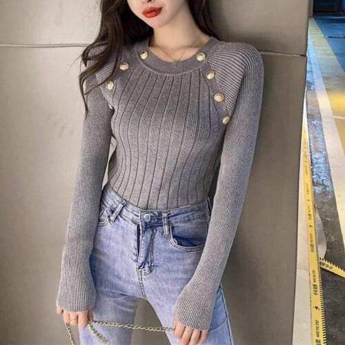 Spring Autumn 2021 Simple Solid Knitted Tops O-neck Raglan Long Sleeve Slim Sweaters Chic Buttons Decoration Stretch Pullovers