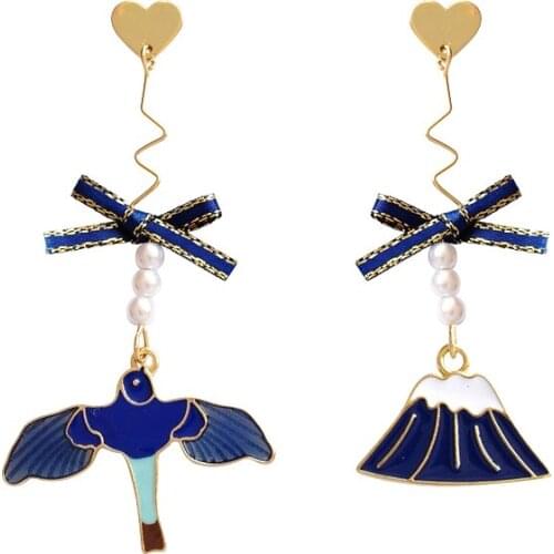 Japan Thread Pearl Animal Bird Magpie Clip Earrings Without Piercing Long Could Blue Mountain fuji San Clips Earrings No Pierced