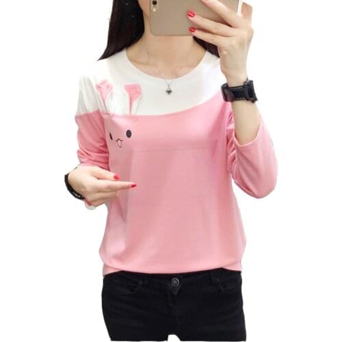 Women Summer T-shirt Kawaii Rabbit Ears Long Sleeve Patchwork 2 Colors Tshirt Young Girls Cute Clothes Harajuku Streetwear Top