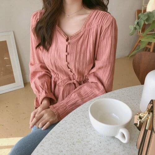 Women Spring Sexy V Neck Lace Blouse Cotton Line Shirt Slim Waist Vintage Drawstring Long Sleeve Jacquard Tops Blusas