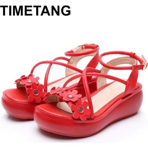 TIMETANG 2020 New Summer Flowers Leather Sandals Women Fashion Sandals Comfortable Non-slip Platform Shoes Woman Wedge Sandals