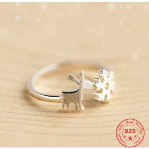 Fashion 925 Sterling Silver Womens Open Ring Personality Design Snowflakes Deer Rings Exclusive Christmas Gift For Women