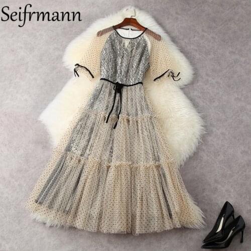Seifrmann New 2021 Summer Women Fashion Runway Party A-Line Dress Half Sleeve Bow Lace Ruffles Dot Print Ladies Dresses Vestidos